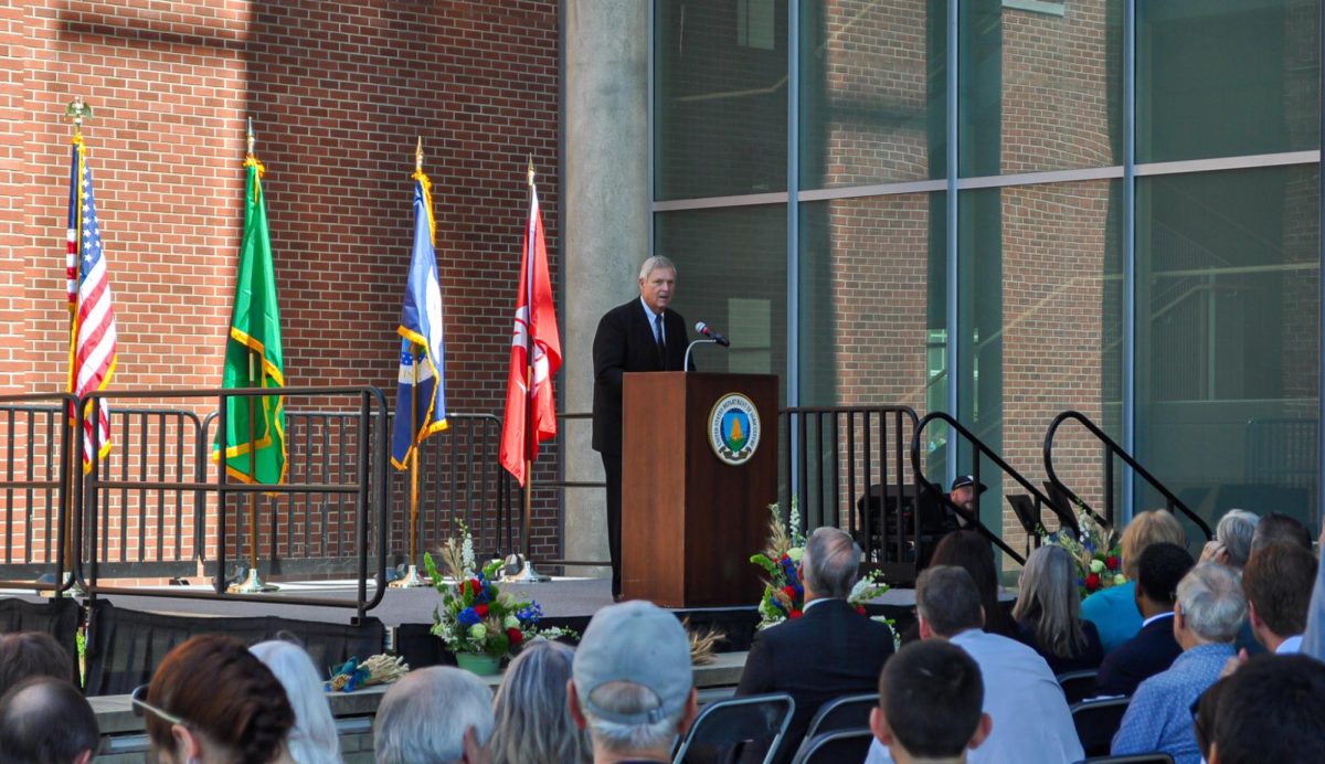 U.S. Secretary of Agriculture Tom Vilsack speaking at the site of the new Plant Sciences Building, Aug. 1.