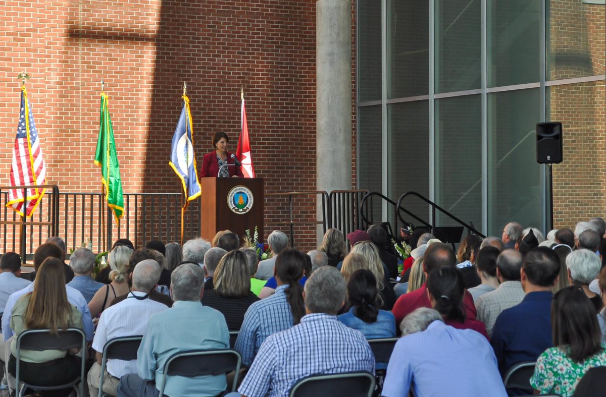 Congresswoman Cathy McMorris Rodgers speaking at the site of the new Plant Sciences Building, Aug. 1.