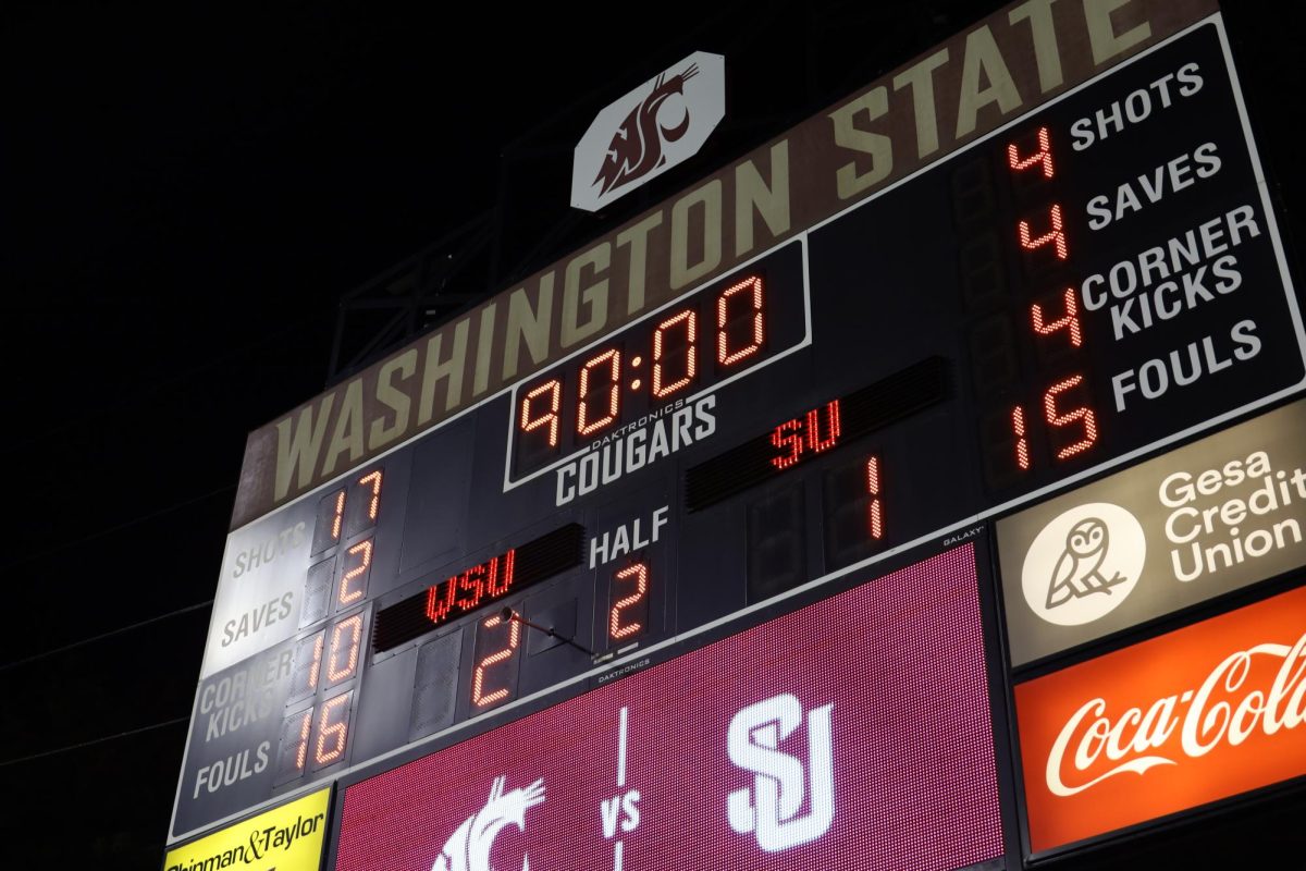 The+scoreboard+shows+a+Cougs+victory+in+an+NCAA+soccer+match+against+the+Seattle+U+Redhawks+September+14%2C+2023+at+Lower+Soccer+Field+in+Pullman%2C+Wash.