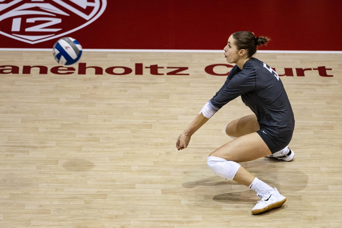 WSU outside hitter Iman Isanovic digs the ball during an NCAA volleyball match against Tulsa, Sept. 2, 2023, in Pullman, Wash.