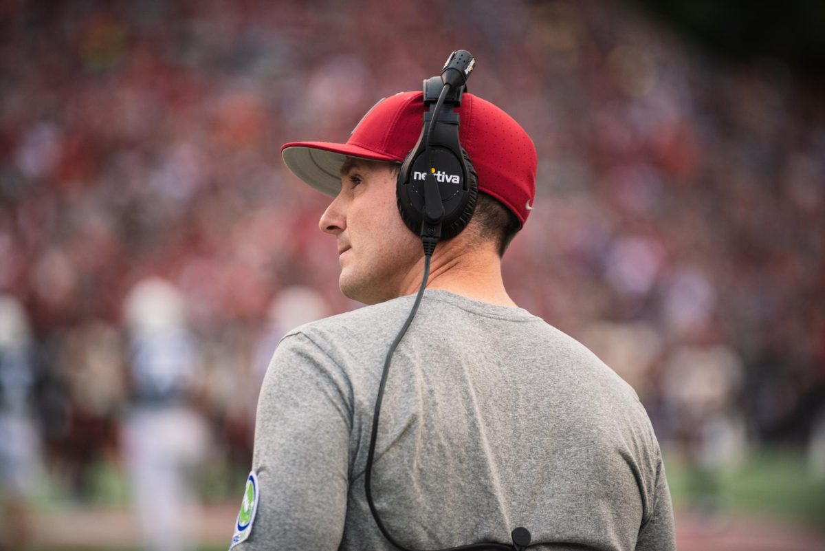 WSU football head coach Jake Dickert looks up at the scoreboard during an NCAA football game against Oregon State, Saturday, September 23, 2023 in Pullman, Wash.