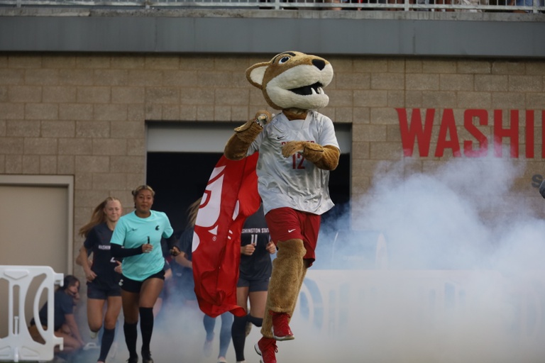 Butch and the Cougs run out before a NCAA soccer game against the Seattle U Redhawks September 14, 2023 at Lower Soccer Field in Pullman, Wash.