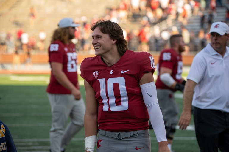 WSU quarterback John Mateer happy after a 64-21 win over Northern Colorado in an NCAA football game September 16, 2023 at Martin Stadium in Pullman, Wash.
