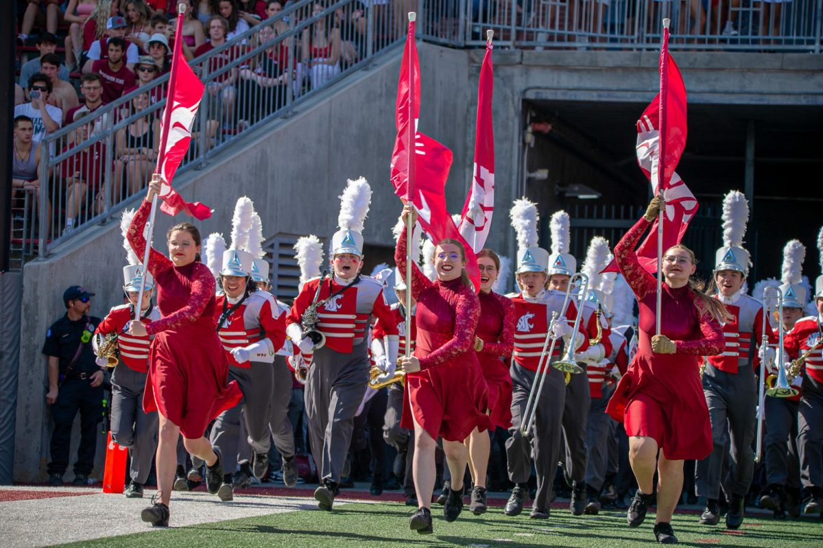 The color guard leads out the marching band as they prepare for their pregame performance, Sept. 16. 