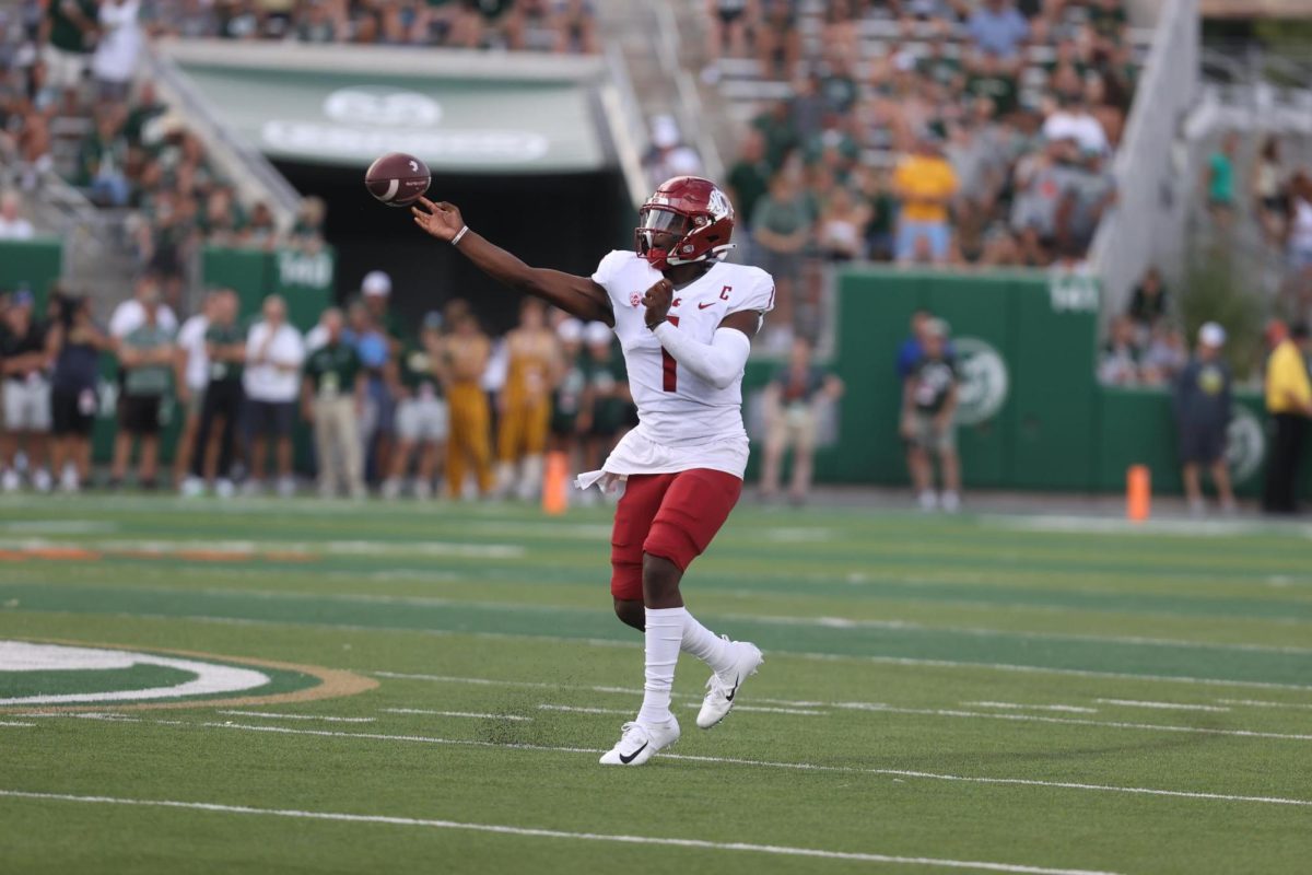 WSU quarterback Cam Ward throws a pass during an NCAA football game against Colorado St. September 2nd, 2023 in Fort Collins, Colorado