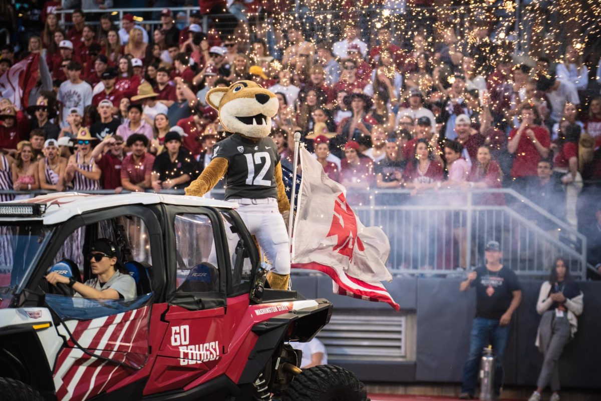 WSU mascot Butch T. Cougar rides out at the beginning of the fourth quarter during an NCAA football game against Oregon State, Saturday, September 23, 2023 in Pullman, Wash.