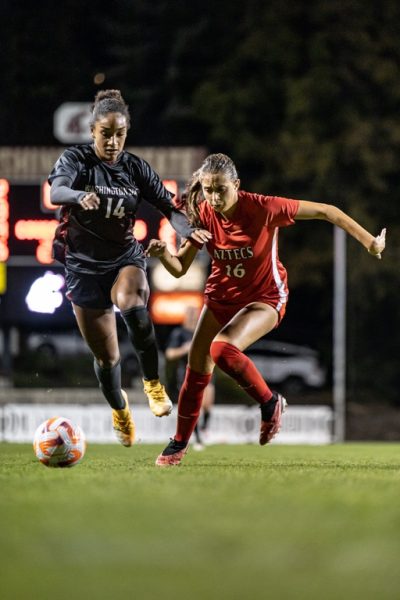 WSU forward Margie Detrizio battles for the ball in an NCAA soccer match at Lower Soccer Field in Pullman, Wash. August 31, 2023.