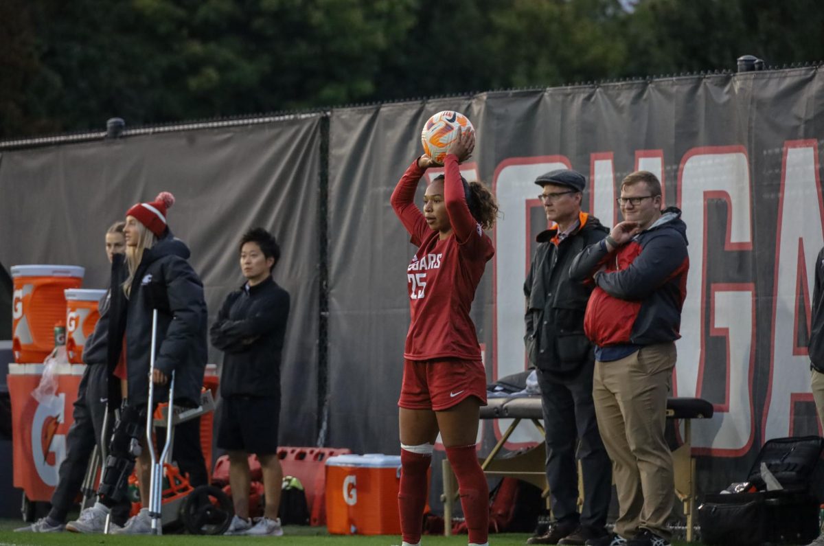  WSU number 25, defender Bryana Pizarro, prepares for a throw in at an NCAA womens soccer game against USC, Sept. 28, 2023, in Pullman, Wash. 