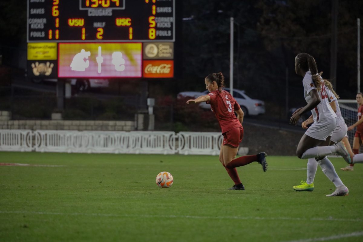 WSU+number+3%2C+forward+Brianna+McReynolds%2C+speeds+toward+the+ball+across+the+field+with+USC+number+26+Simi+Awujo+at+an+NCAA+womens+soccer+game+against+USC%2C+Sept.+28%2C+2023%2C+in+Pullman%2C+Wash.+