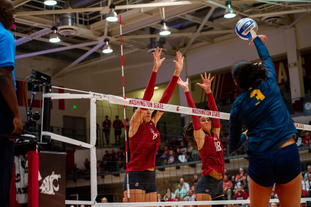 Cal freshman Maggie Li attacks against the Cougs block, Oct. 6, in Pullman, Wash. 