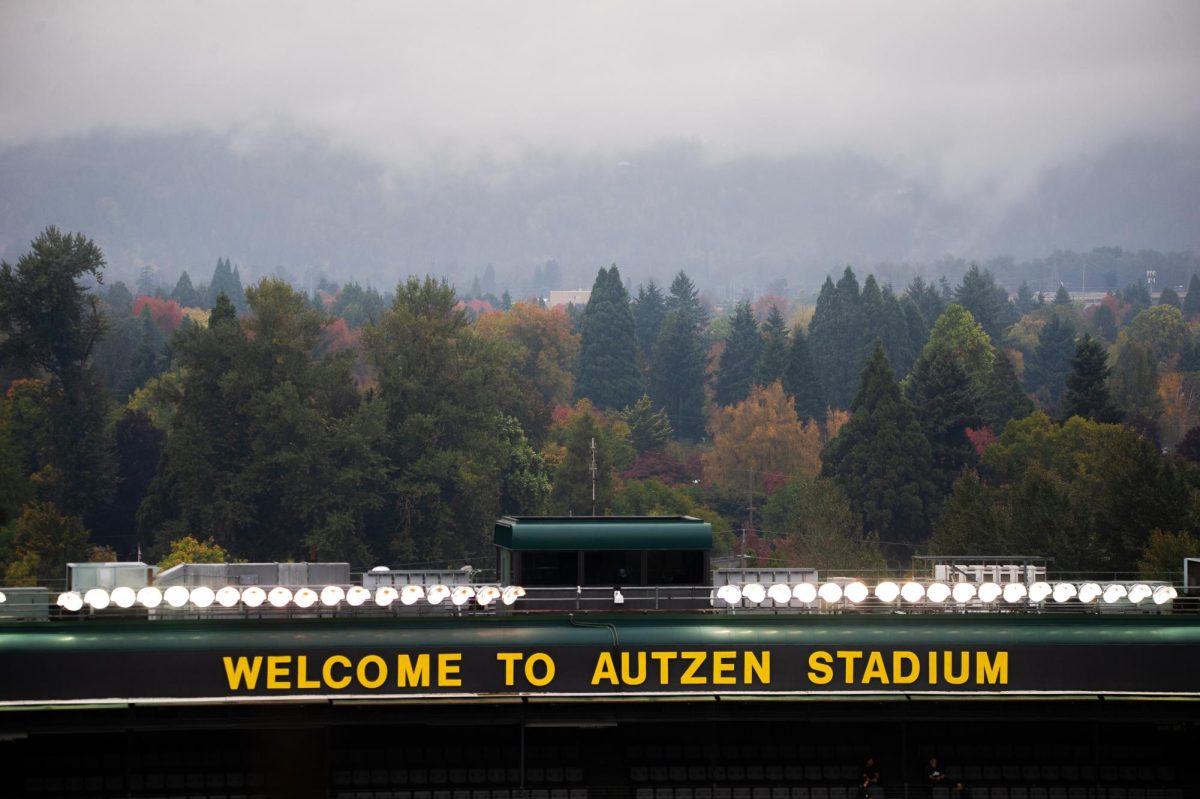 Welcome to Autzen Stadium is sprawled upon the North side of Oregons home stadium, Oct. 21, in Eugene, Oregon. 