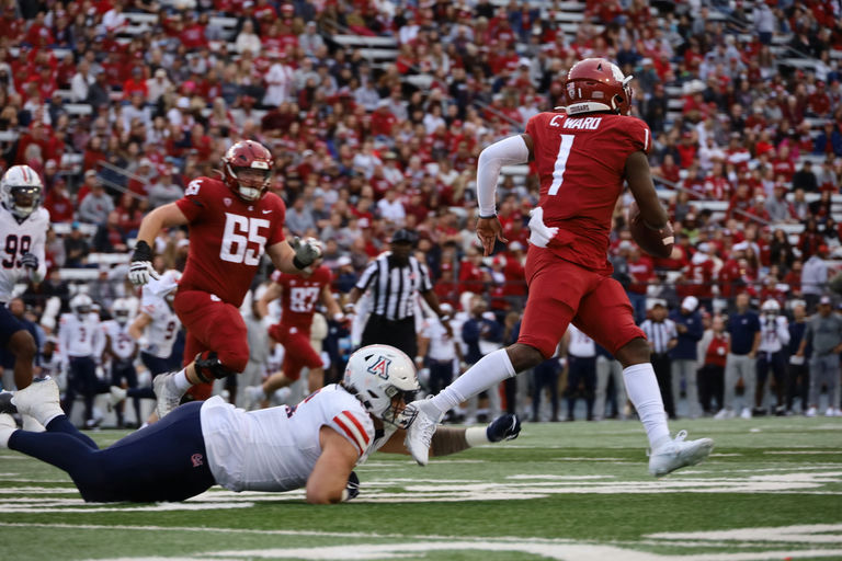 An Arizona defender attempts a diving tackle on WSU quarterback Cam Ward in an NCAA football game October 14 at GESA Field in Pullman, Wash.