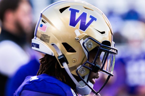 The Huskies wore gold helmets with a purple W for the 2023 Apple Cup, Nov. 25, in Seattle, Wash. 