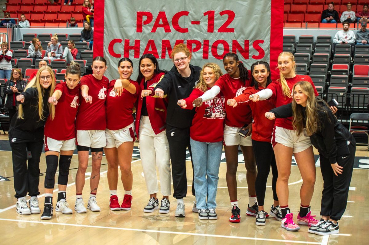 The Pac-12 Champions 2022–23 womens basketball team were honored ahead of the new teams bout with Gonzaga, Nov. 9, in Pullman, Wash. 