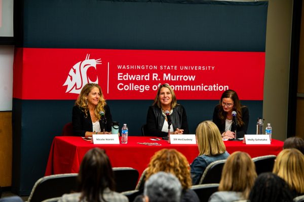 Nicole Noren, Jill McCluskey and Molly Schotzko talk at the Power of Voice panel, talking about the Lauren McCluskey story, Nov. 14, in Pullman, Wash. 