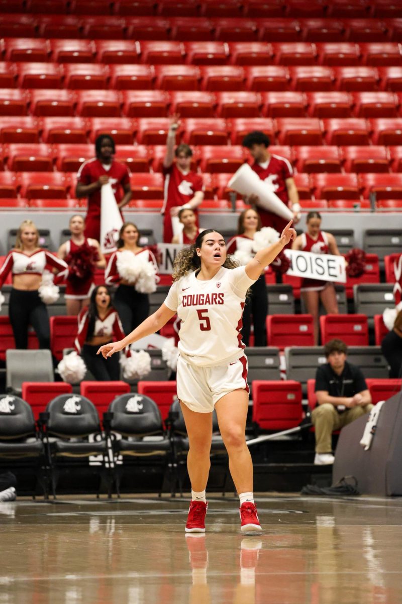 WSU guard Charlisse Leger-Walker calls out to teammates during an NCAA women’s basketball game against Cal Poly, Nov. 6, 2023, in Pullman, Wash.