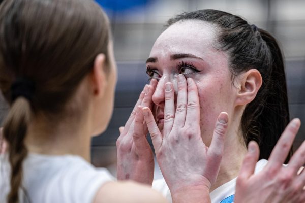 WSU middle blocker Lana Radakovic cries joyfully after defeating Dayton in an NCAA second-round matchup 3-1, 