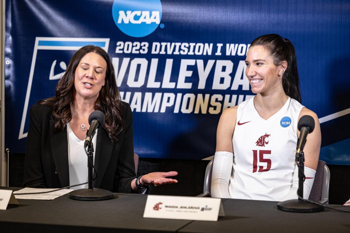 WSU+women%E2%80%99s+volleyball+head+coach+Jen+Greeny+and+middle+blocker+Magda+Jehl%C3%A1rov%C3%A1+talk+to+reporters+during+a+press+conference+after+defeating+Dayton+in+an+NCAA+second-round+match+3-1%2C+Dec.+2%2C+2023%2C+in+Pullman%2C+Wash.WSU+women%E2%80%99s+volleyball+head+coach+Jen+Greeny+and+middle+blocker+Magda+Jehl%C3%A1rov%C3%A1+talk+to+reporters+during+a+press+conference+after+defeating+Dayton+in+an+NCAA+second-round+match+3-1%2C+Dec.+2%2C+2023%2C+in+Pullman%2C+Wash.