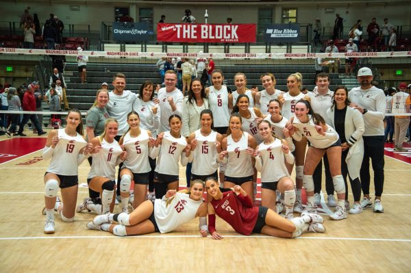 WSU volleyball celebrating a win during the 2023 season, Oct. 13, 2023, in Pullman, Wash. 