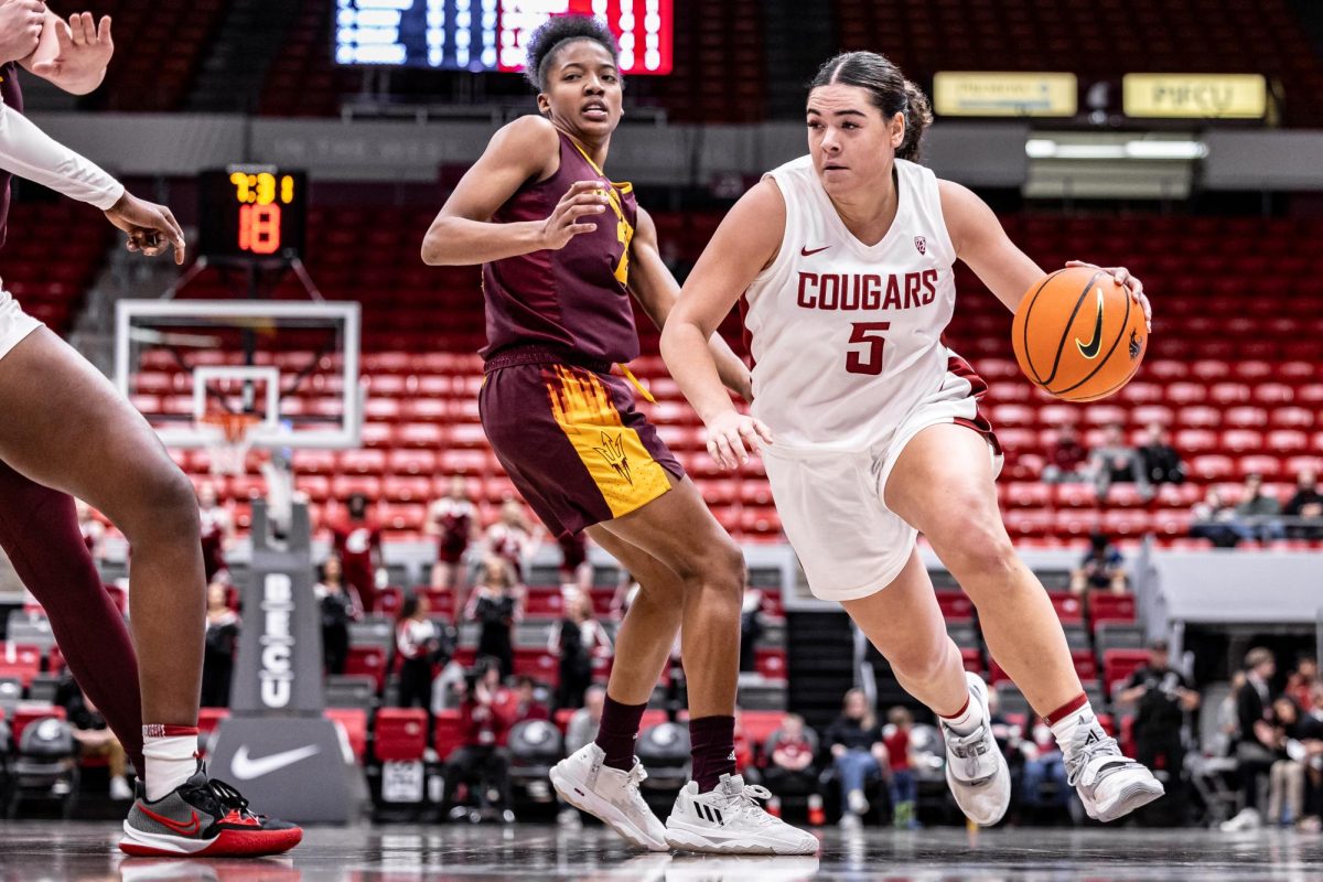 WSU guard Charlisse Leger-Walker drives to the basket during an NCAA women’s basketball game against Arizona State, Jan. 19, 2024, in Pullman, Wash.