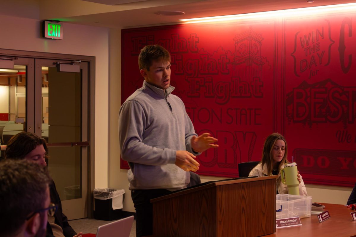 ASWSU President Luke Deschenes reviewing last semesters activities during Wednesdays meeting