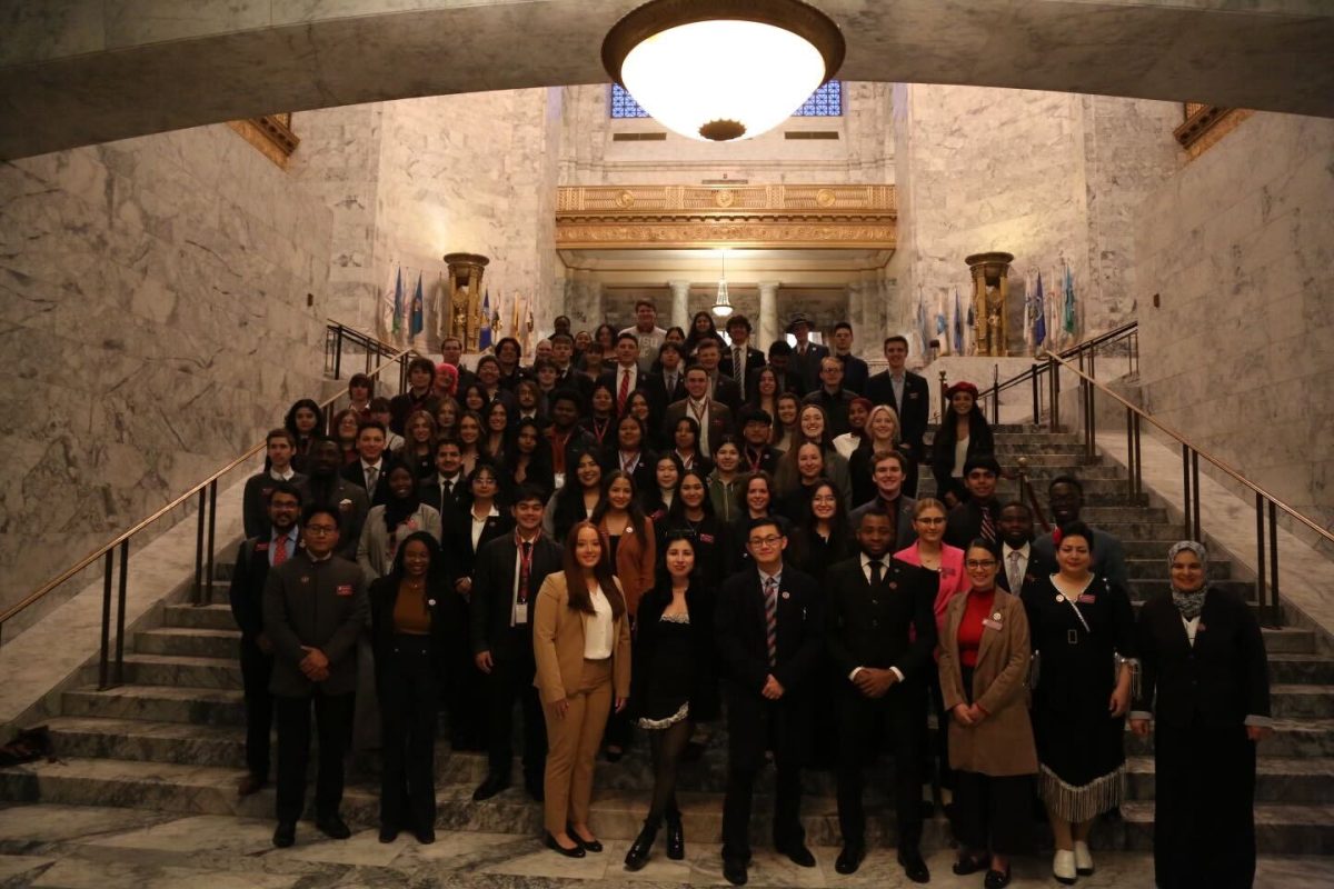 The entire WSU lobbying team meeting at the capitol at Olympia on Jan. 22.