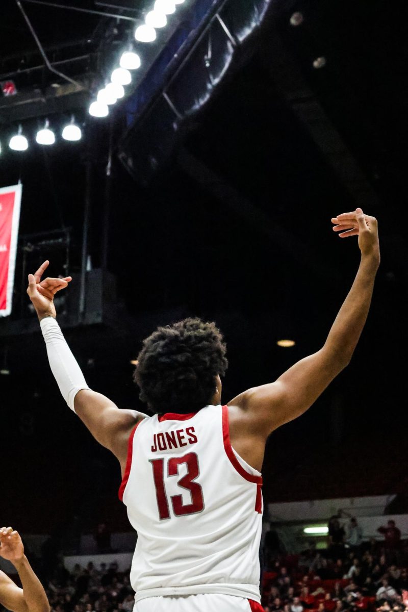 Forward Isaac Jones summons to the crowd after scoring during an NCAA mens basketball game against Utah, Jan. 24, 2024, in Pullman, Wash.
