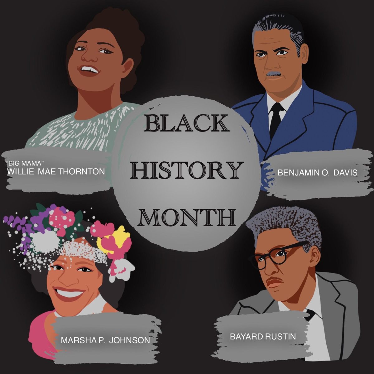 February is Black History Month and were honoring four Black Americans who have made a great impact in the countrys history. Willie Mae Thornton, an influential R&B singer and song writer, Benjamin O. Davis Jr., the first Black brigadier general in the United States Air Force, Marsha P. Johnson, a gay liberation and AIDS activist, and Bayard Rustin, a politcal activist for civil and gay rights.