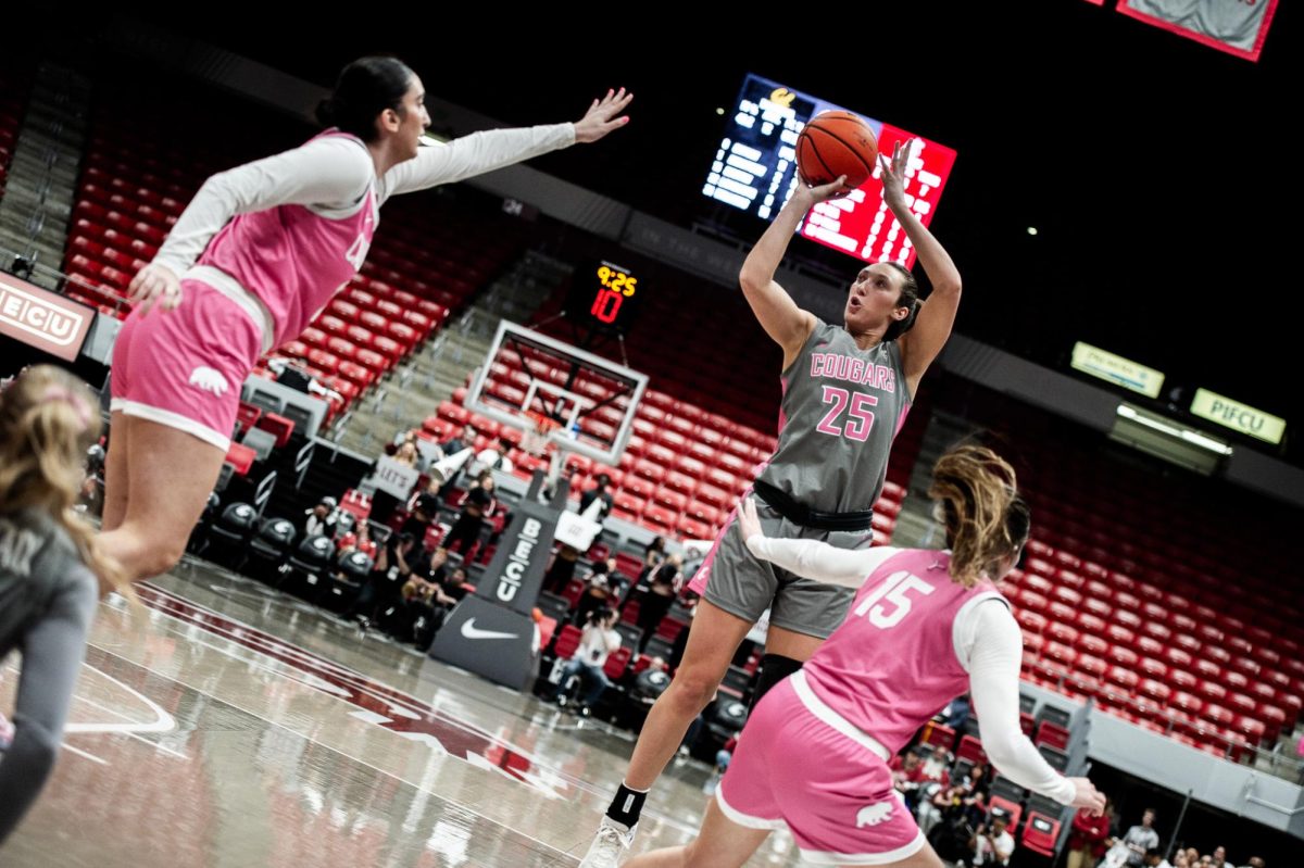 Beyonce Bea shooting a mid-range shot during the fourth quarter against Cal, Feb. 9, in Pullman, Wash.