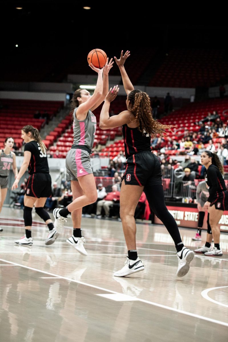 Beyonce Bea fades from a defender on one leg for a bucket, Feb. 11, in Pullman, Wash.