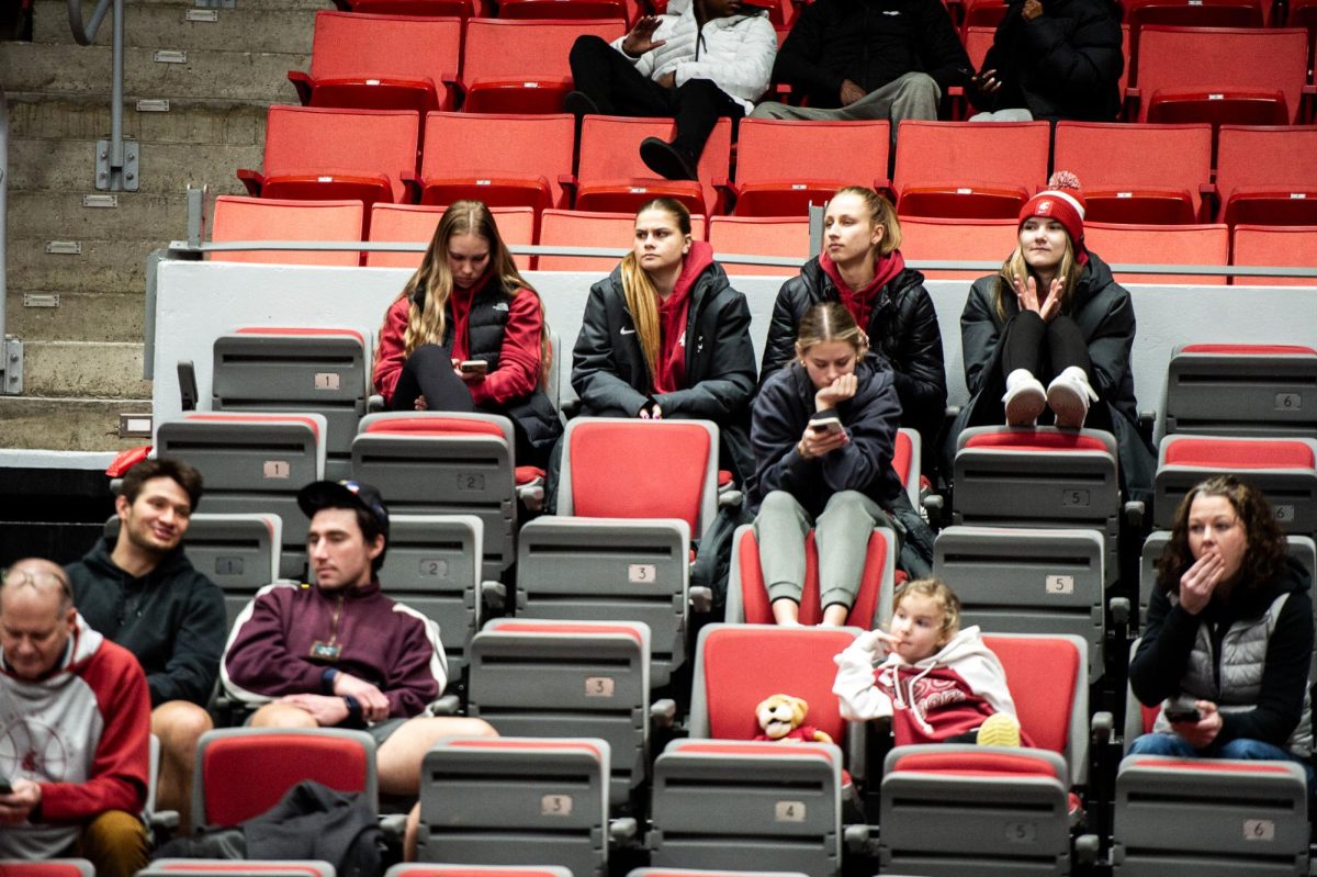 Members of the WSU volleyball team including Emma Barbero watch the WSU womens basketball team, Feb. 11, in Pullman, Wash.