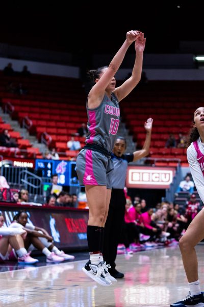 WSU guard Eleonora Villa goes for three during an NCAA women's basketball game against Cal, Feb. 9, 2024, in Pullman, Wash.