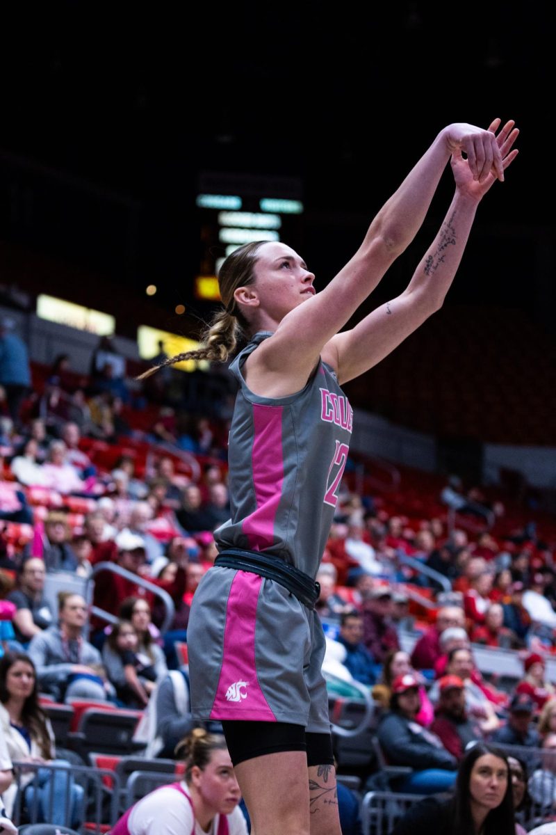 WSU guard Kyra Gardner goes for three during an NCAA womens basketball game against Cal, Feb. 9, 2024, in Pullman, Wash.