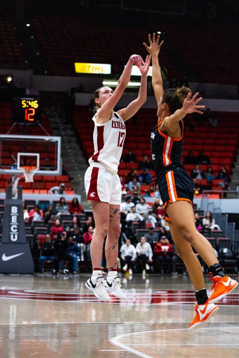 WSU guard Kyra Gardner goes for three during an NCAA womens basketball game against Oregon State, Feb. 23, 2024, in Pullman, Wash.