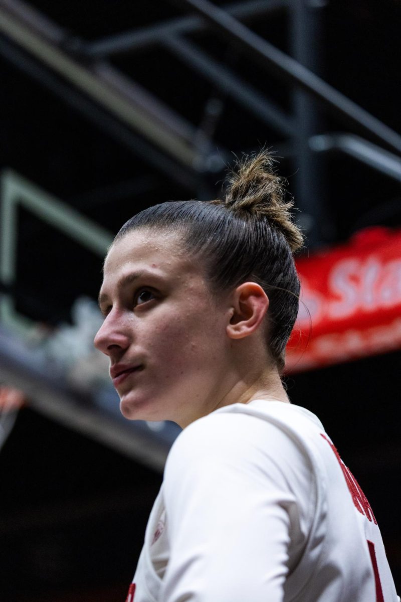 WSU guard Astera Tuhina looks to the crowd before a play in an NCAA womens basketball game against Oregon State, Feb. 23, 2024, in Pullman, Wash.