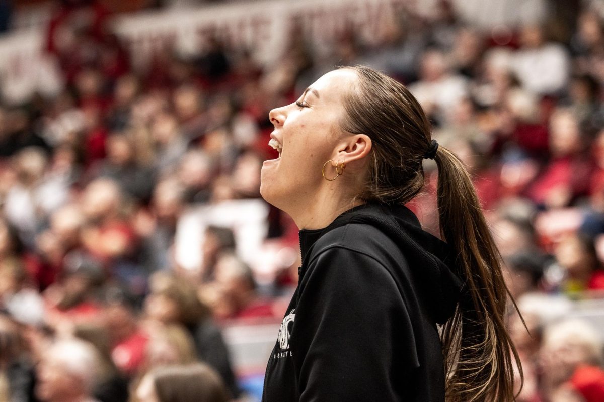 WSU guard Johanna Teder celebrates from the bench as the Cougs take on Toledo in the WBIT, March 29, in Pullman, Wash. 