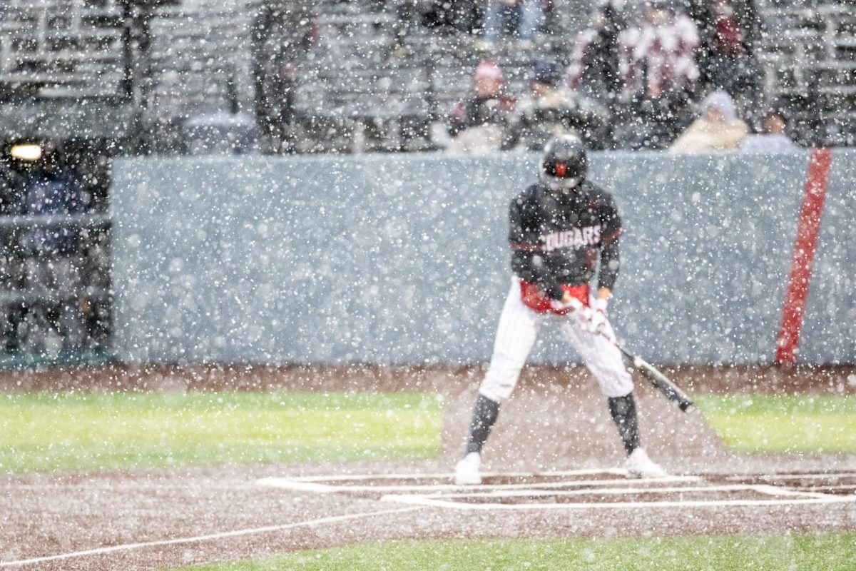 The snow delays the first home game of the 2024 WSU baseball season, March 1, in Pullman, Wash.