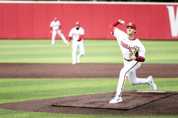 Connor Wilford throwing a pitch against Rhode Island, March 2, in Pullman, Wash.