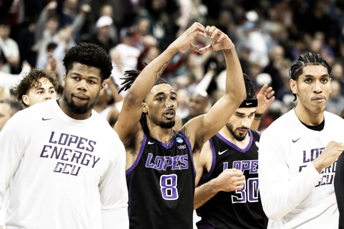 Collin Moore gives the Havocs a heart after GCU lost in the NCAA Tournament to Alabama, March 24, in Spokane, Wash. 