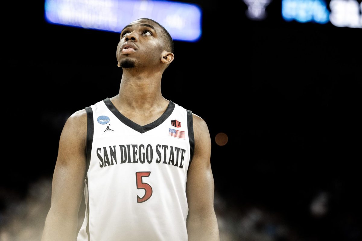 SDSU guard Lamont Butler looks at the score early in the game against Yale, March 24, in Spokane, Wash. 