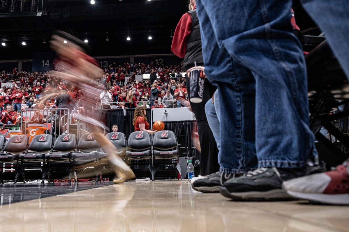 The WSU men’s basketball team heads out of the locker room at the beginning of the second half of an NCAA men’s basketball game against UCLA, March 2, 2024, in Pullman, Wash.
