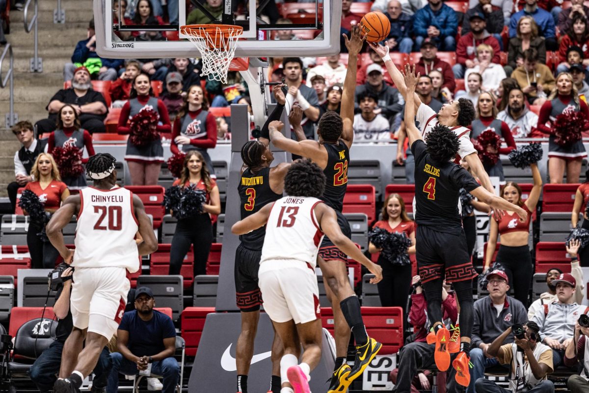 WSU guard Myles Rice jumps for a layup during an NCAA men’s basketball game against USC, Feb. 29, 2024, in Pullman, Wash.