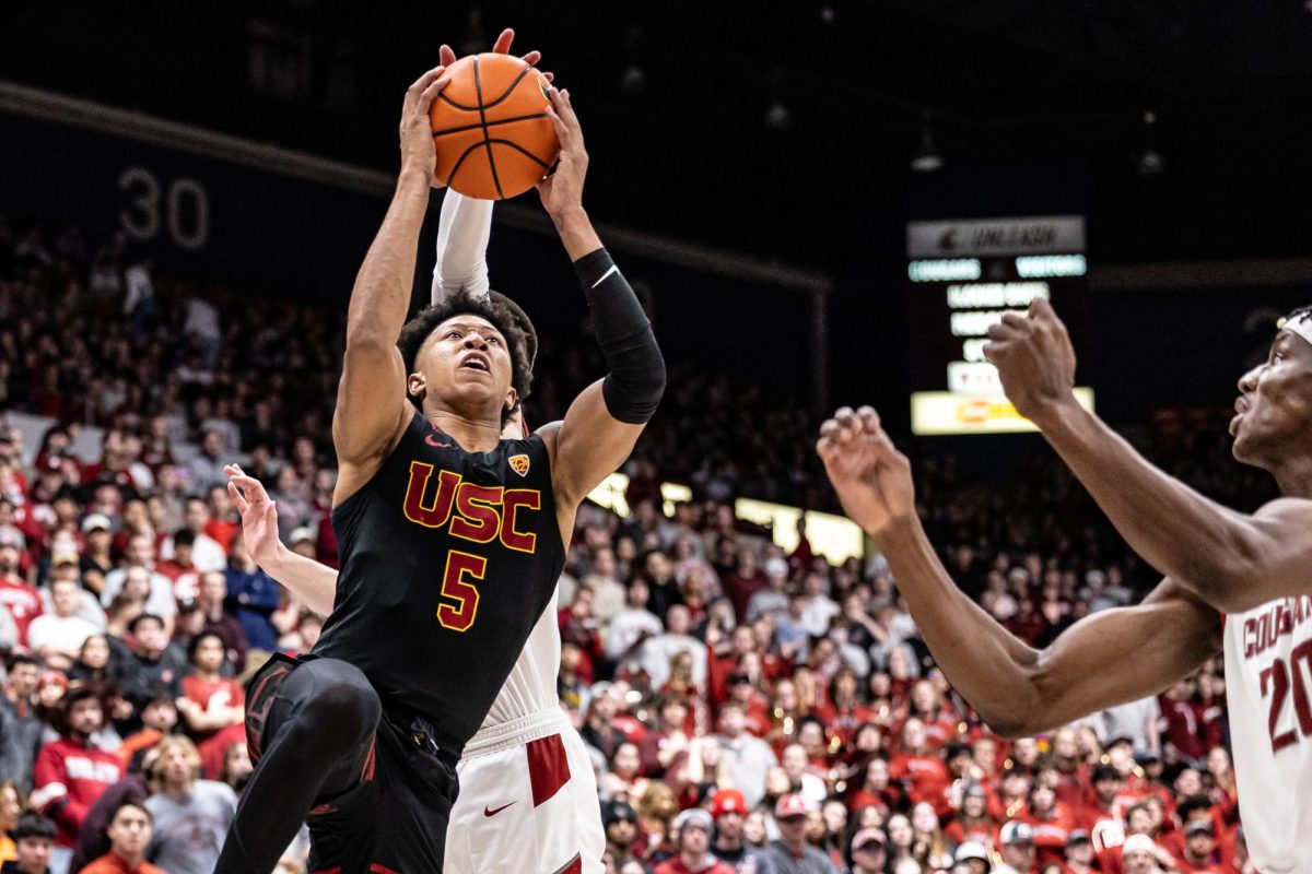 USC center Boogie Ellis jumps for a layup during an NCAA men’s basketball game against WSU, Feb. 29, 2024, in Pullman, Wash.