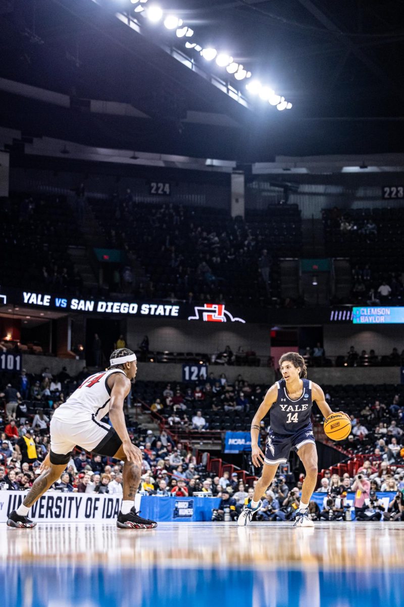 Yale forward Casey Simmons looks for a teammate to pass to during a second-round match against SDSU, March 24, 2024, in Spokane, Wash.