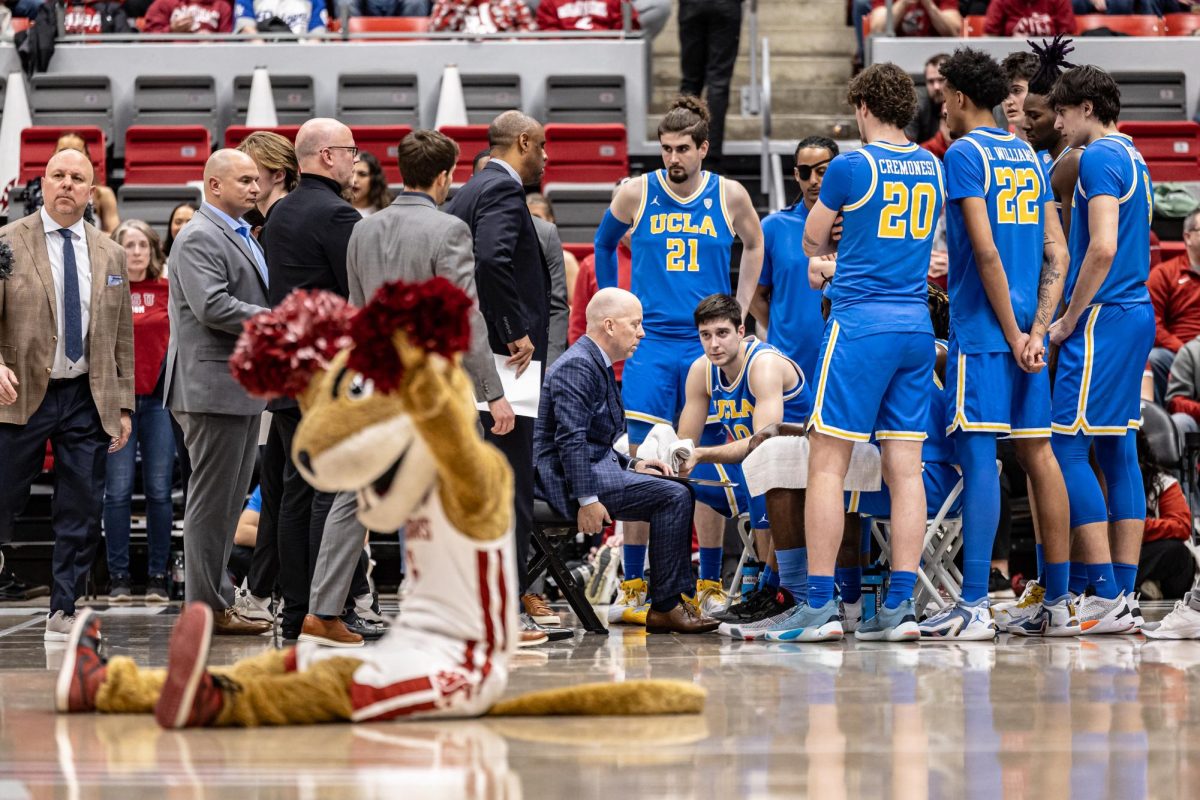 UCLA head coach Mick Cronin speaks to his team during an NCAA men’s basketball game against UCLA, March 2, 2024, in Pullman, Wash.