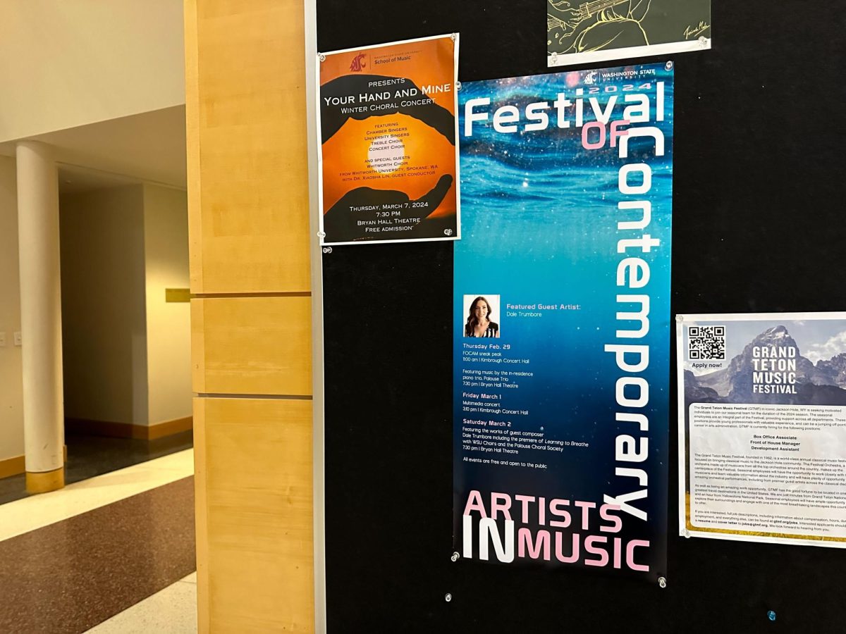 A bulletin board in Kimbrough Music Building with a poster advertising the Festival of Contemporary Artists in Music, Pullman, Wash.