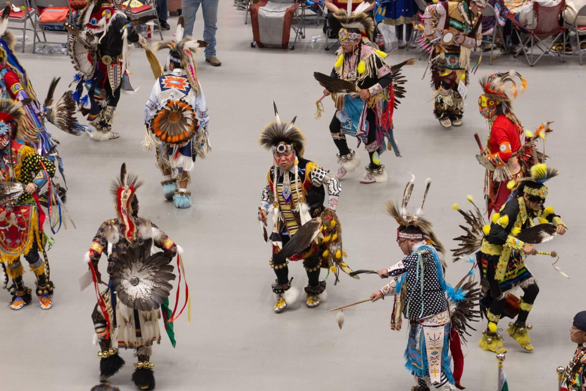 Performers from the Mens Chicken Dance during the 46th annual Pah-Loots-Puu Powwow at Beasley Coliseum, March 30, in Pullman, Wash. 