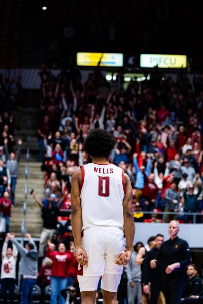 Jaylen Wells celebrates during an NCAA mens basketball game against USC, Mar. 1, 2024, in Pullman, Wash.