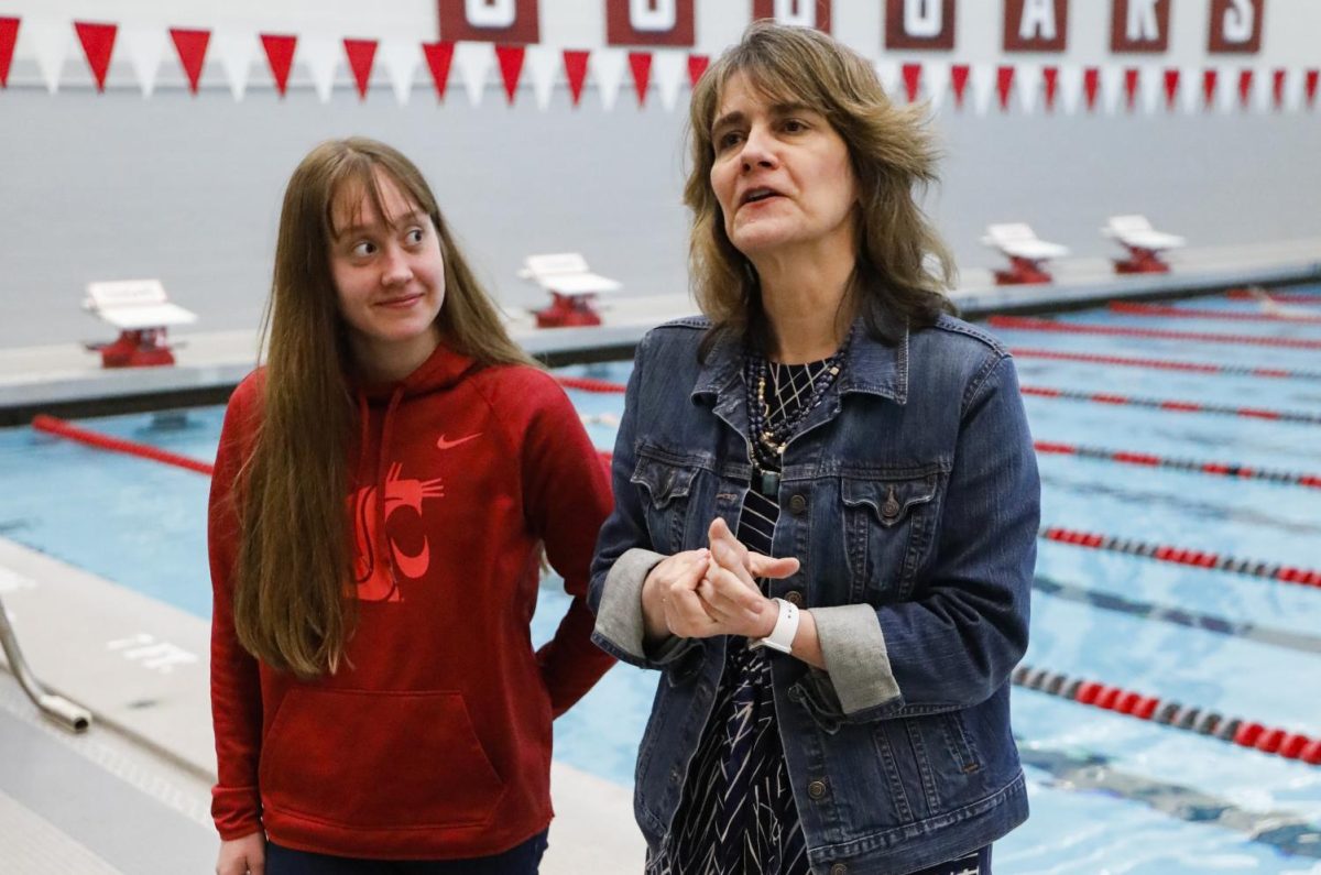 Interim Director of Athletics Anne McCoy and her daughter, WSU swimmer Taylor McCoy in 2018.