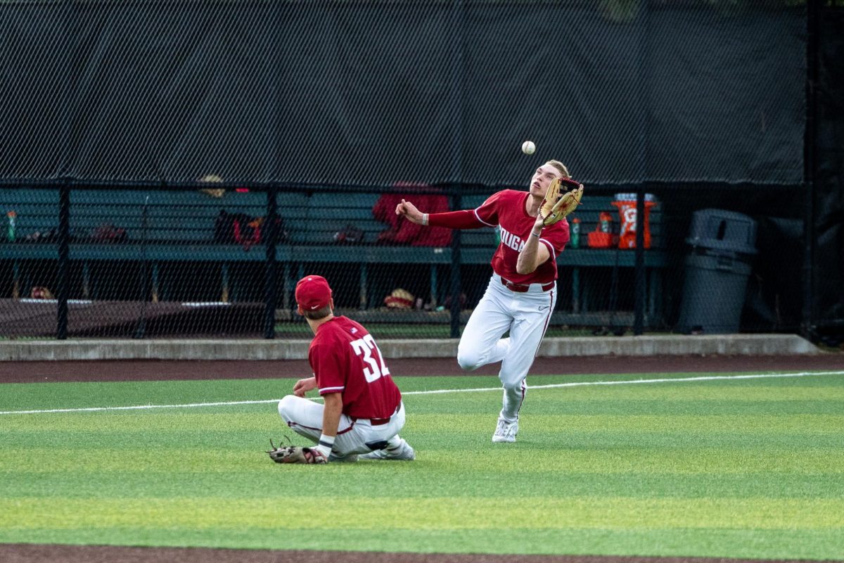 Casen Taggart catches a ball in a full sprint, April 26, in Pullman, Wash. 